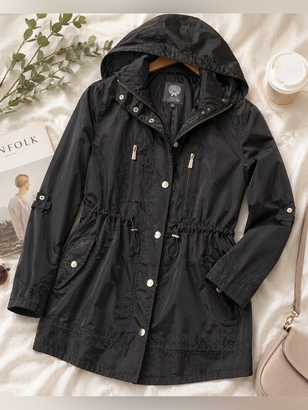 Vince Camuto Black Hooded Rain Jacket – Size XS